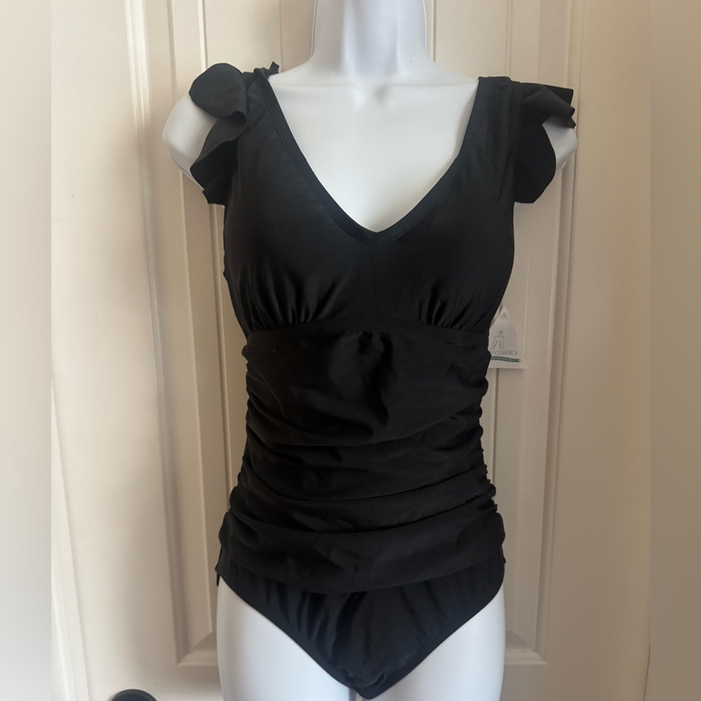 NWT Black Ruffle Flounce One-Piece Swimsuit | Tummy Control | Size Small